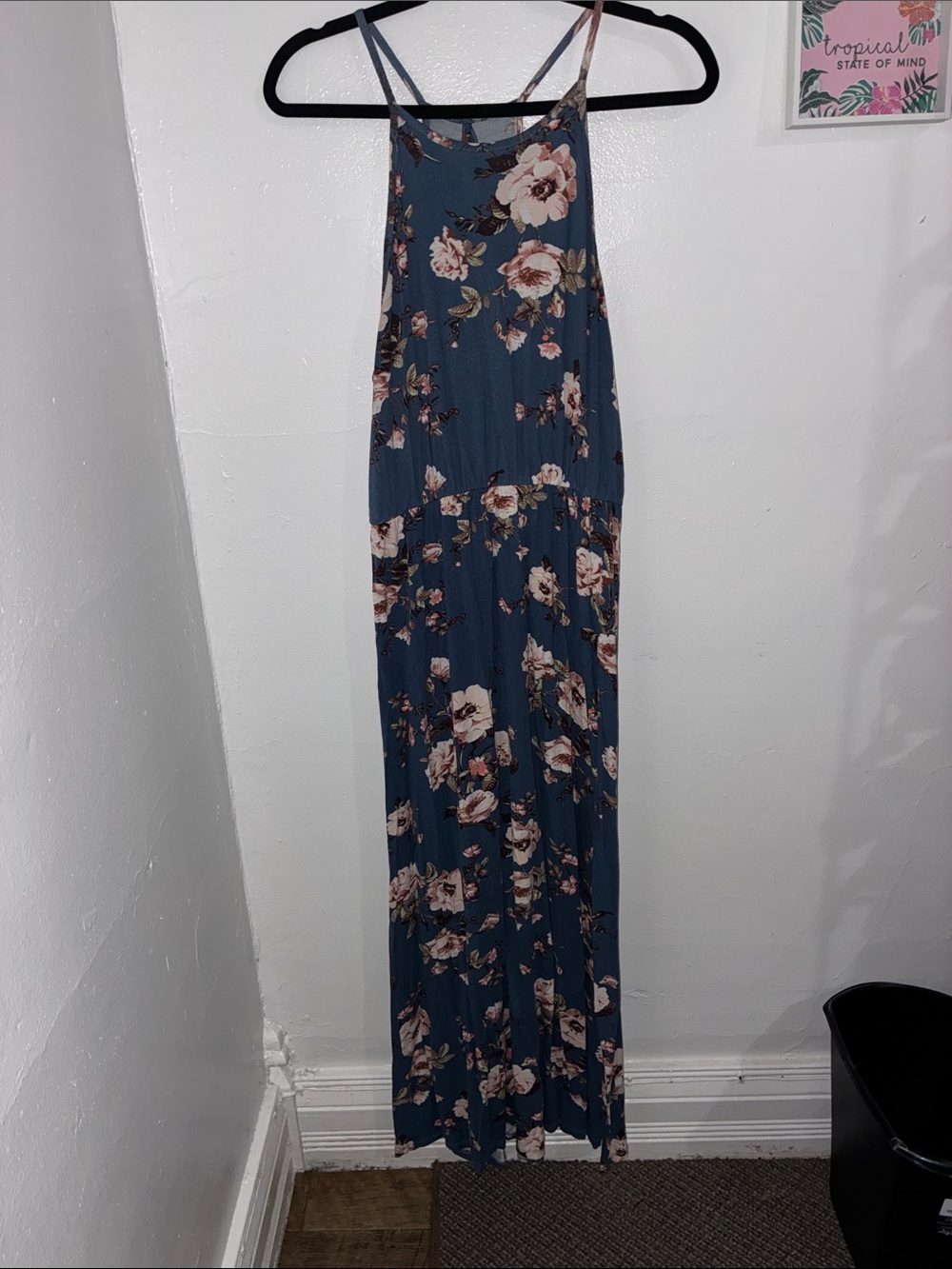 French Grey Blue Floral Maxi Dress